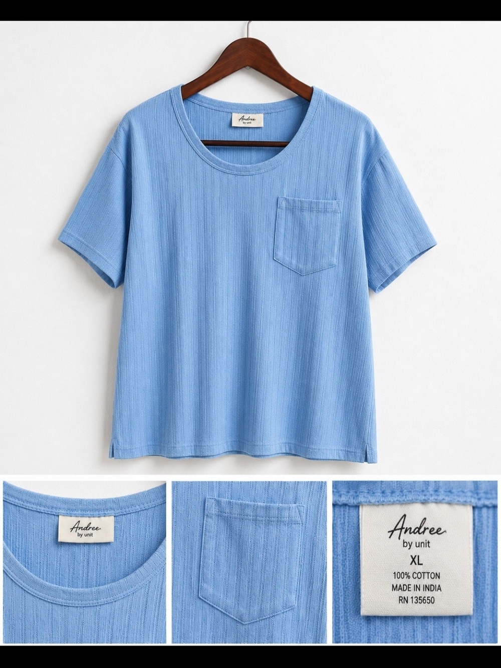 ANDREE BY UNIT Sky Blue Ribbed Cotton Pocket Tee
